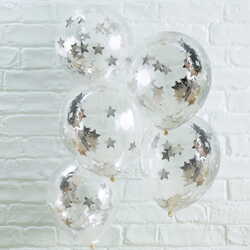 Ballon transparent med konfetti stjerner i sølv
