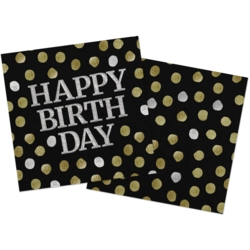 happy birthday servietter i sort med guld-sølv dots