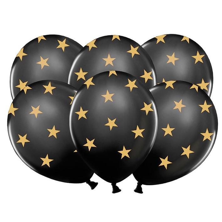 Sort Ballon med guldstjerner 6 stk
