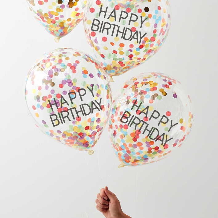 Ballon transparent med konfetti mix og Happy Birthday