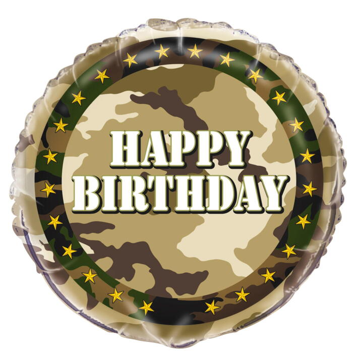 Camouflage folieballon med Happy Birthday tekst