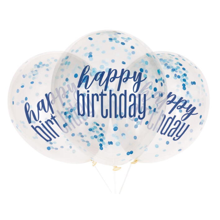 Happy birthday balloner med konfetti i blå