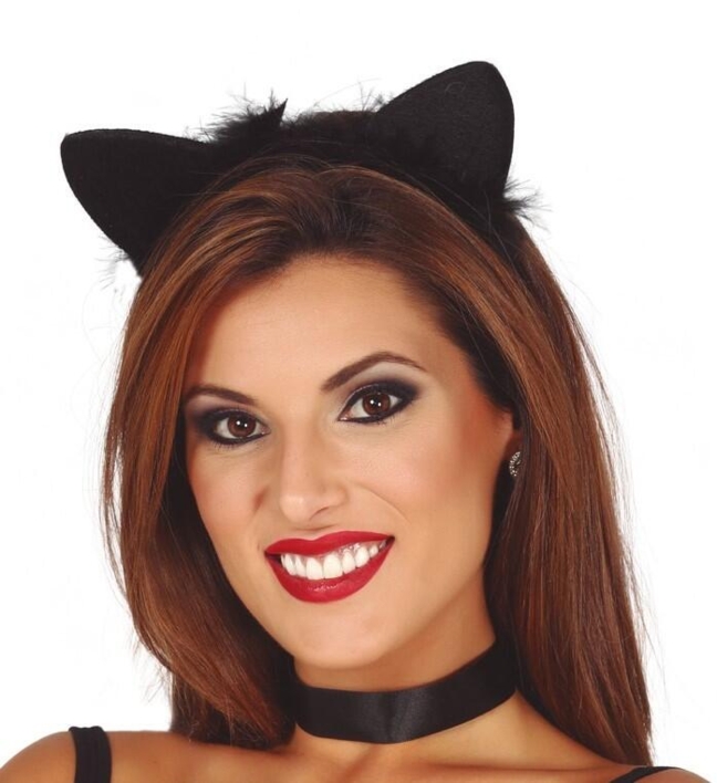 Sorte katteører på hårbøjle med sort fjerkant