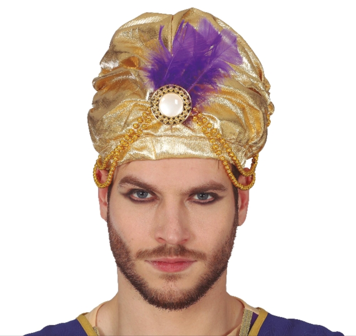 Turban med perler og lilla fjer