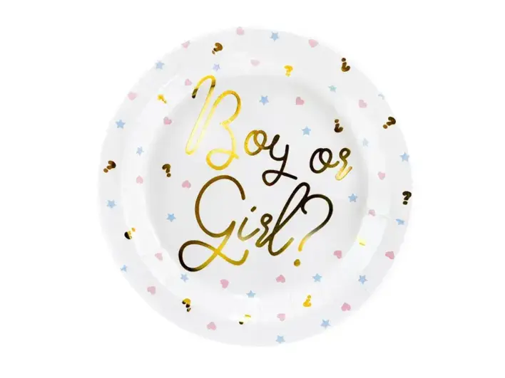Boy or Girl tallerken i hvid med guldprint