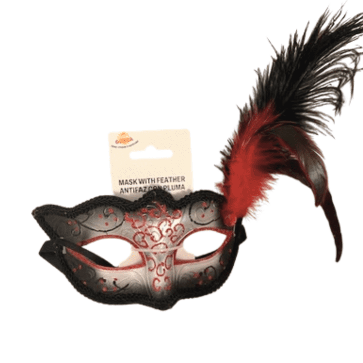 Øjenmaske med rød glitter og fjer