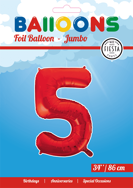 Folieballon 5 - Rød 86 cm