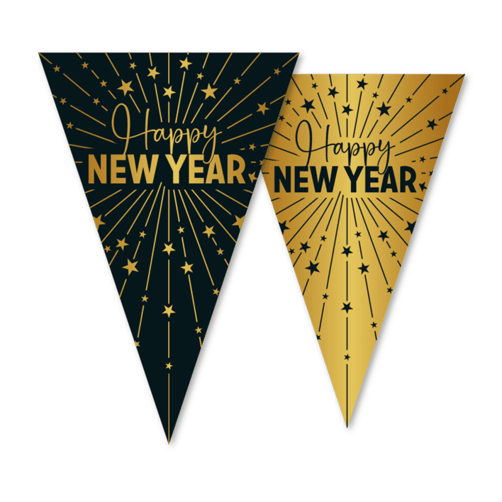 Flagbanner Happy New Year - sort og guld