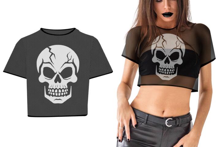 Top i sort mesh med skull
