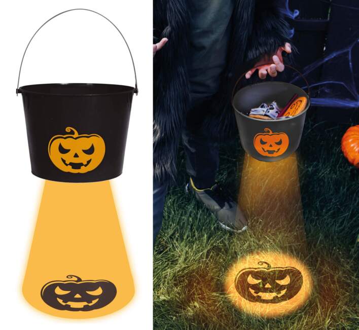 Trick or treat spand i sort med græskar-lys