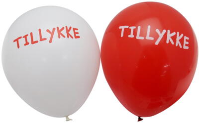 Røde og Hvide balloner med tillykke påtrykt