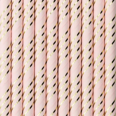 Papir sugerør i lyserød med guldstriber