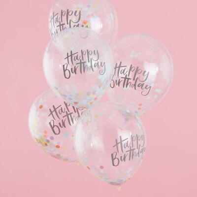 Ballon transparent med konfetti og Happy Birthday