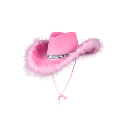 Cowboyhat i lyserød med fjerkant og palietter