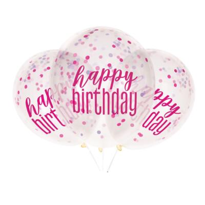 Happy birthday balloner med konfetti i pink