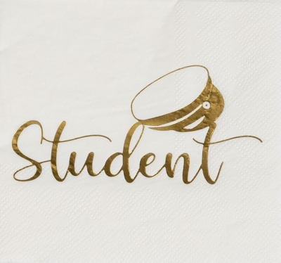 Student serviet i hvid og guld 25x25