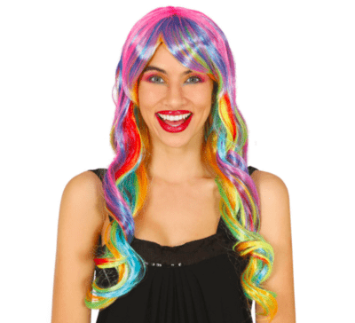 Paryk lang med pandehår - Regnbuefarver