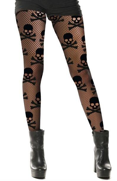 Netstrømper med dødningehoveder - sort