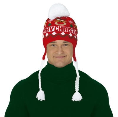 Strikket hue - med fletninger - Juletema