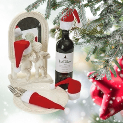 4 stk. Nissehuer til vinflasker og dessert bestik