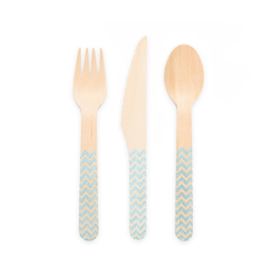 Bestik i træ med lyseblå print