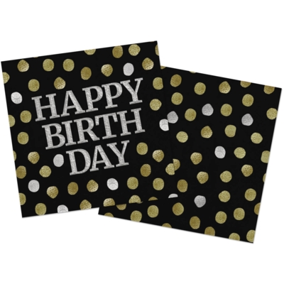 happy birthday servietter i sort med guld-sølv dots