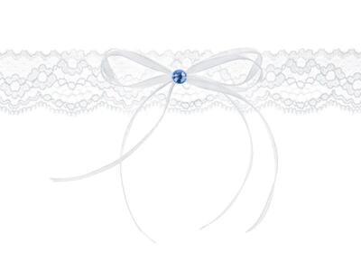 Strømpebånd i hvid med sløjfe og blå sten