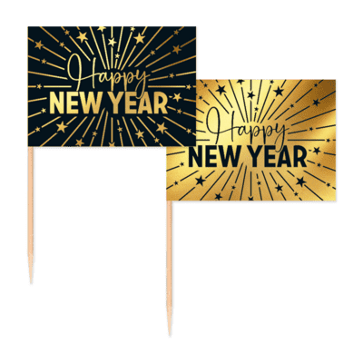 Kageflag Happy New Year - sort/guld 50 stk.